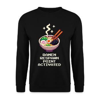 Ramen-Respawn aktiviert | Ramen Bowl Humor - Unisex Pullover - Schwarz - Vorne - Alina (178cm) & Michal (187cm)