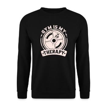 Das Fitnessstudio ist meine Therapie – Gewichtsplatte - Unisex Pullover - Schwarz - Vorne - Alina (178cm) & Michal (187cm)