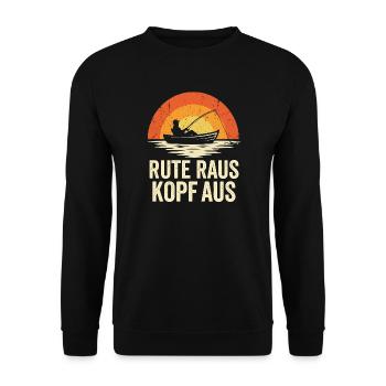 Angeln Spruch - Rute Raus Kopf Aus Retro - Unisex Pullover - Schwarz - Vorne - Alina (178cm) & Michal (187cm)