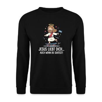 Jesus liebt dich beim Skaten - Unisex Pullover - Schwarz - Vorne - Alina (178cm) & Michal (187cm)