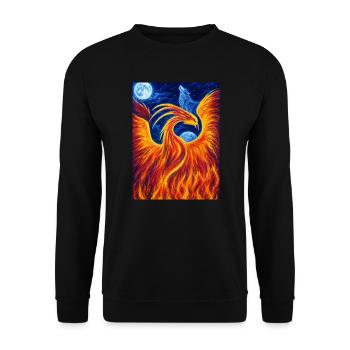 Flammender Phönix in der Nacht - Unisex Pullover - Schwarz - Vorne - Alina (178cm) & Michal (187cm)