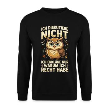 ich erkläre nur warum ich recht habe eule - Unisex Pullover - Schwarz - Vorne - Alina (178cm) & Michal (187cm)