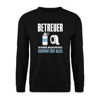Betreuer Shirt – Repariere, was ihr kaputtspielt - Unisex Pullover - Schwarz - Vorne - Alina (178cm) & Michal (187cm)