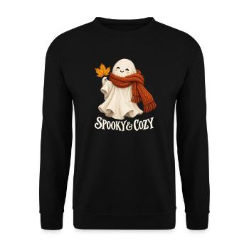Spooky & Cozy - Herbstgeist mit rotem Schal - Unisex Pullover - Schwarz - Vorne - Alina (178cm) & Michal (187cm)