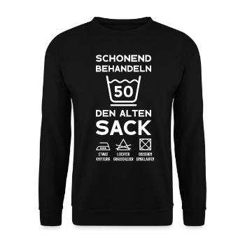 50. GEBURTSTAG 1973 SCHONEND BEHANDELN ALTER SACK - Unisex Pullover - Schwarz - Vorne - Alina (178cm) & Michal (187cm)