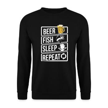Angeln Bier Fisch Schlaf Wiederholung Geschenkidee Geburtstag - Unisex Pullover - Schwarz - Vorne - Alina (178cm) & Michal (187cm)