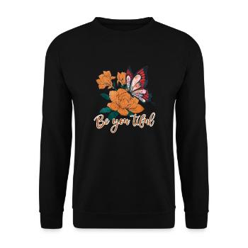 Schmetterling Blume blumig Sprüche Spruch Blumen - Unisex Pullover - Schwarz - Vorne - Alina (178cm) & Michal (187cm)