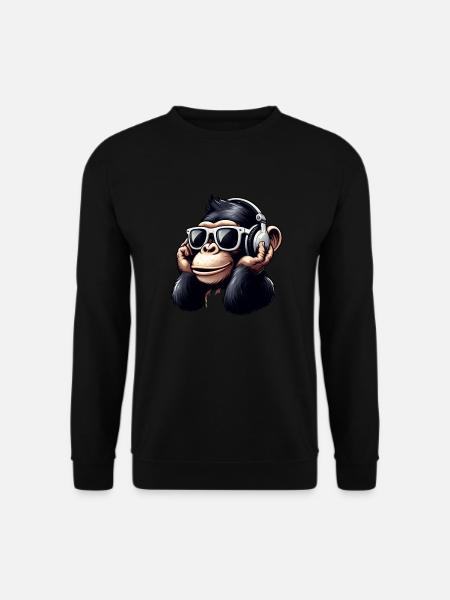 Ape Schimpanse mit Sonnenbrille und Kopfhörern - Unisex Pullover - Schwarz