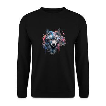 Wolf Design Wolfkopf in bunten Farben Wolfsrudel - Unisex Pullover - Schwarz - Vorne - Alina (178cm) & Michal (187cm)