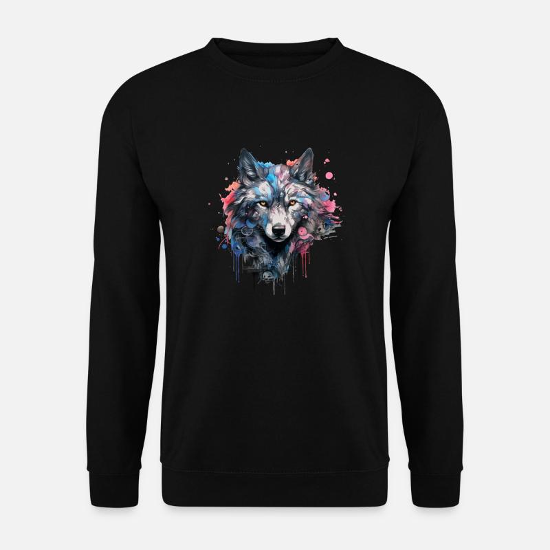 Wolf Design Wolfkopf in bunten Farben Wolfsrudel - Unisex Pullover - Schwarz