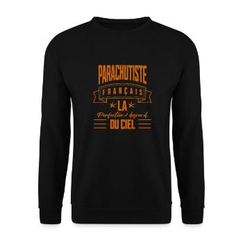 "Französischer Fallschirmspringer, himmlische Perfektion" Orange - Unisex Pullover - Schwarz - Vorne - Alina (178cm) & Michal (187cm)