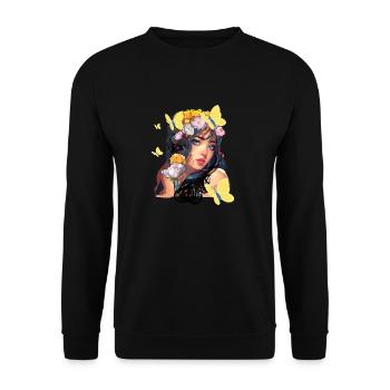 Frau, Blumen, Asiatin, illustration, Schmetterling - Unisex Pullover - Schwarz - Vorne - Alina (178cm) & Michal (187cm)