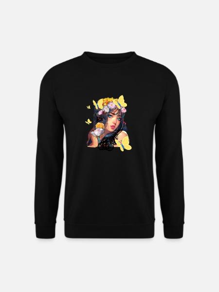 Frau, Blumen, Asiatin, illustration, Schmetterling - Unisex Pullover - Schwarz