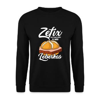 Zefix wo zum deifi is mei Leberkas bayrisch Spruch - Unisex Pullover - Schwarz - Vorne - Alina (178cm) & Michal (187cm)
