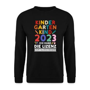 Kindergarten 2023 Anfang Kita-Kind Geschenk - Unisex Pullover - Schwarz - Vorne - Alina (178cm) & Michal (187cm)