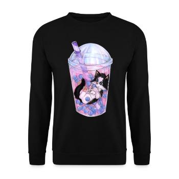 Lustige Katze schwimmt in Bubble Tea Geschenkidee - Unisex Pullover - Schwarz - Vorne - Alina (178cm) & Michal (187cm)