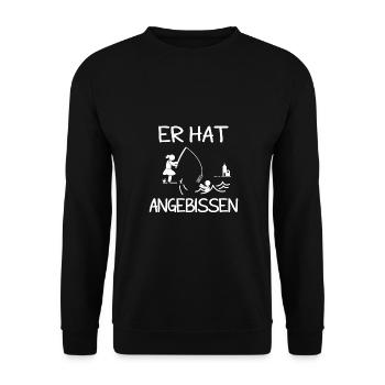 Junggesellin Verlobung Verkünden Er Hat Angebissen - Unisex Pullover - Schwarz - Vorne - Alina (178cm) & Michal (187cm)