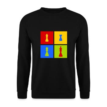 farbenfrohe Schachfiguren - Unisex Pullover - Schwarz - Vorne - Alina (178cm) & Michal (187cm)
