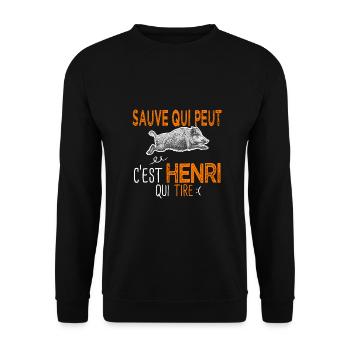 Henri sauve qui peut c est Henri qui tire Chasseur - Sweat-shirt Unisexe - noir - Devant - Alina (178cm) & Michal (187cm)