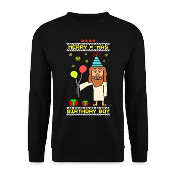 Jesus Geburtstagskind Ugly Xmas - Unisex Pullover - Schwarz - Vorne - Alina (178cm) & Michal (187cm)