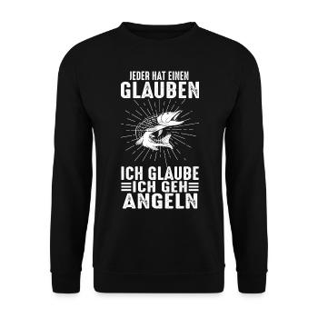 JEDER HAT EINEN GLAUBEN ICH GLAUBE ICH GEH ANGELN - Unisex Pullover - Schwarz - Vorne - Alina (178cm) & Michal (187cm)