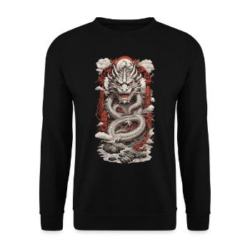Asiatischer Drache im Retro Ukiyo-E Japan Stil - Unisex Pullover - Schwarz - Vorne - Alina (178cm) & Michal (187cm)