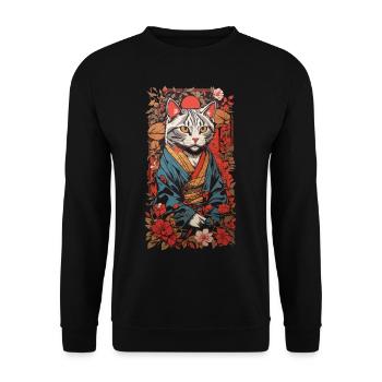 Chat japonais esthétique en kimono Ukiyo-E - Sweat-shirt Unisexe - noir - Devant - Alina (178cm) & Michal (187cm)