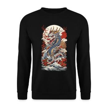Japanischer Vintage Drachen Ukiyo-E Streetwear - Unisex Pullover - Schwarz - Vorne - Alina (178cm) & Michal (187cm)
