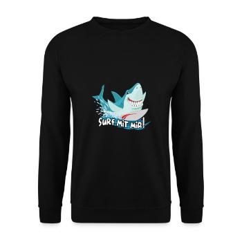 Surfen mit dem Hai | lustiger Hai | Wellenreiten - Unisex Pullover - Schwarz - Vorne - Alina (178cm) & Michal (187cm)
