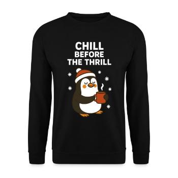 Entspann dich vor dem Nervenkitzel Lustiger Feiertagspinguin - Unisex Pullover - Schwarz - Vorne - Alina (178cm) & Michal (187cm)