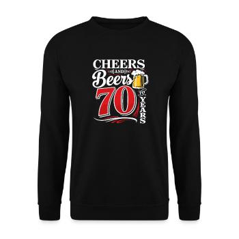 Cheers and Beers to 70 Years – Geburtstag Spruch - Unisex Pullover - Schwarz - Vorne - Alina (178cm) & Michal (187cm)
