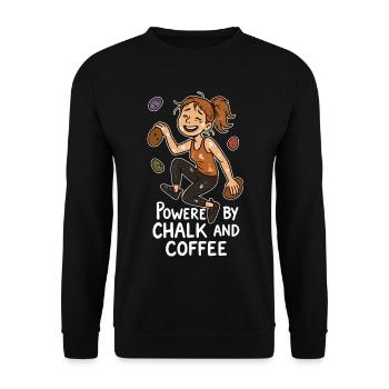 Bouldern, Chalk & Kaffee: Müde Kletterin Comic - Unisex Pullover - Schwarz - Vorne - Alina (178cm) & Michal (187cm)