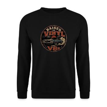 Vinyl- und V8-Motoren: Vintage Auto Design - Unisex Pullover - Schwarz - Vorne - Alina (178cm) & Michal (187cm)