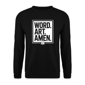 Wortkunst Amen Typografie T-Shirt - Unisex Pullover - Schwarz - Vorne - Alina (178cm) & Michal (187cm)