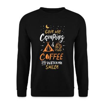 Camping, Kaffee und Lächeln - Unisex Pullover - Schwarz - Vorne - Alina (178cm) & Michal (187cm)