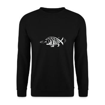 Darwin Fisch essen Jesus Fisch Lustige Evolution - Unisex Pullover - Schwarz - Vorne - Alina (178cm) & Michal (187cm)