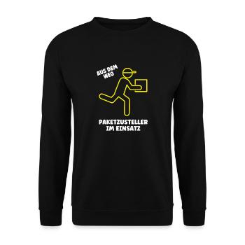Paketzusteller im Einsatz Postbote Paket Zusteller - Unisex Pullover - Schwarz - Vorne - Alina (178cm) & Michal (187cm)