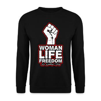 Frau Leben Freiheit | Faust und Persische Schrift - Unisex Pullover - Schwarz - Vorne - Alina (178cm) & Michal (187cm)
