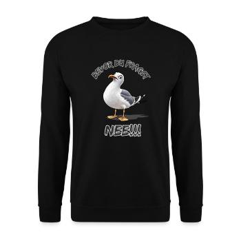 Funny saying with seagull Before you ask No !! - Unisex Sweatshirt - black - Front - Alina (178cm) & Michal (187cm)