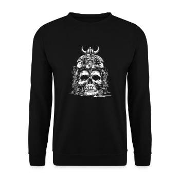 Wikingerkrieger mit Schwert sitzt auf Schädel - Unisex Pullover - Schwarz - Vorne - Alina (178cm) & Michal (187cm)