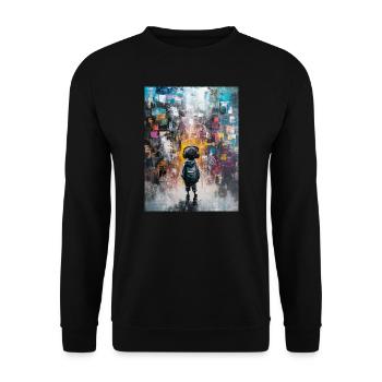 Kind mit Kopfhörern schaut ins Abstrakte - Unisex Pullover - Schwarz - Vorne - Alina (178cm) & Michal (187cm)