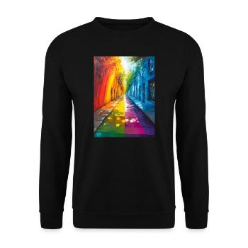 Regenbogen Straße in der Stadt - Bunte Allee - Unisex Pullover - Schwarz - Vorne - Alina (178cm) & Michal (187cm)