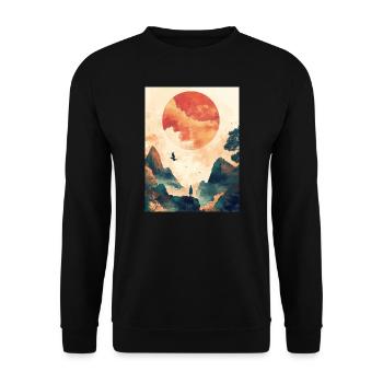 Japan - Sonne - Berge - Vogel - Mensch - Gemälde - Unisex Pullover - Schwarz - Vorne - Alina (178cm) & Michal (187cm)