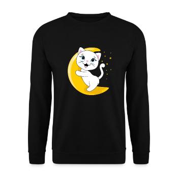 Smiling white cat sitting on the moon - Unisex Sweatshirt - black - Front - Alina (178cm) & Michal (187cm)