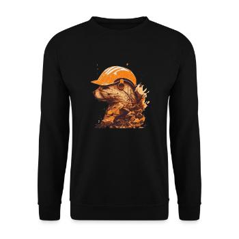 Frettchen als Bauarbeiter mit gelbem Bauhelm - Unisex Pullover - Schwarz - Vorne - Alina (178cm) & Michal (187cm)