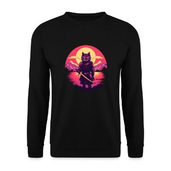 Synthwave samurai Cat - Unisex Pullover - Schwarz - Vorne - Alina (178cm) & Michal (187cm)