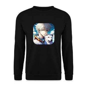Anime Boy und Weißer Manga Schäferhund - Unisex Pullover - Schwarz - Vorne - Alina (178cm) & Michal (187cm)