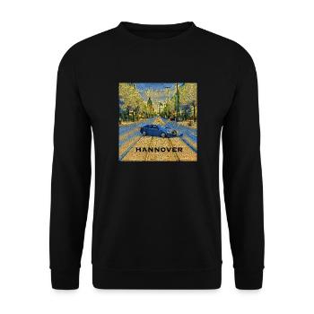 HANNOVER - Auto auf Schiene in „blau/gelb“ - Unisex Pullover - Schwarz - Vorne - Alina (178cm) & Michal (187cm)