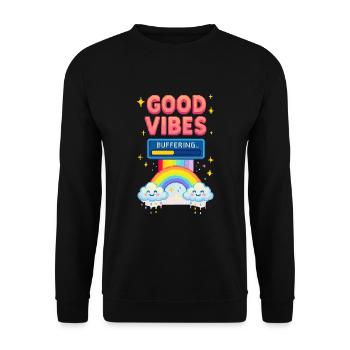 Gute Laune im Pixel-Look – Regenbogen & Wolken - Unisex Pullover - Schwarz - Vorne - Alina (178cm) & Michal (187cm)