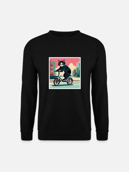 Katze fährt mit dem Tretroller auf der Strasse - Unisex Pullover - Schwarz